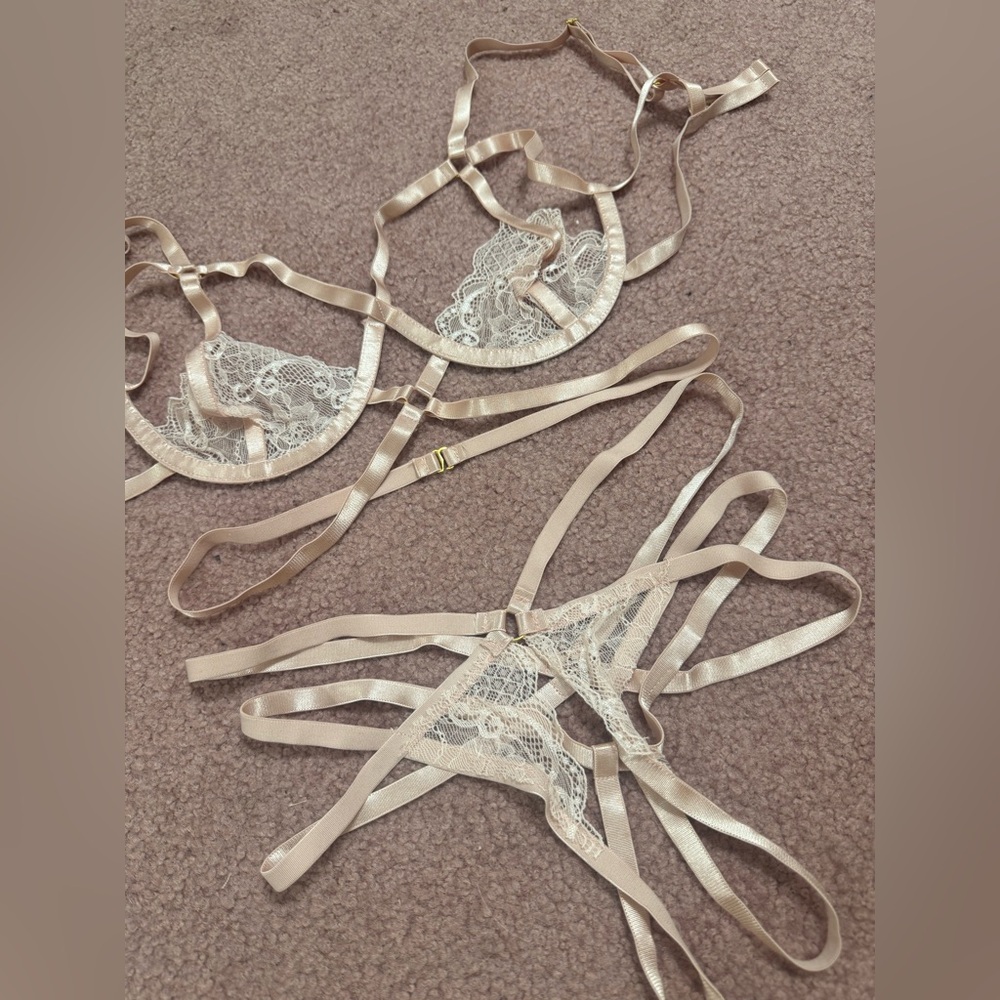 Sheer Lace Strappy Bra & Thong Set in Nude